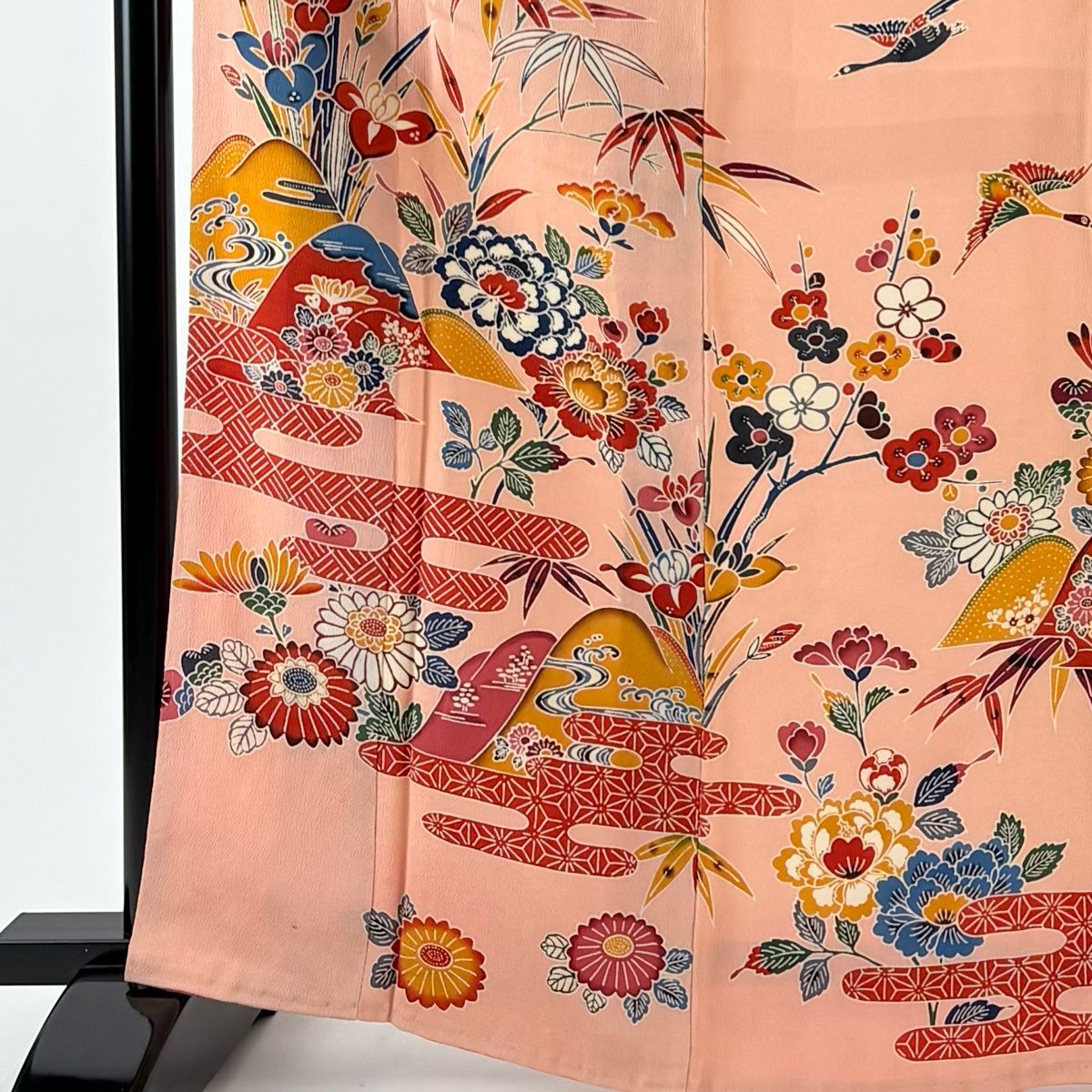 振袖 身丈165 cm 裄丈65 M 袷 草花 ヱ霞 縮緬 サーモンピンク 正絹 名品