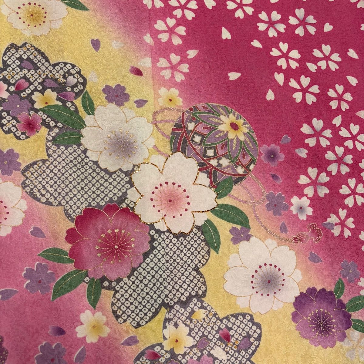  振袖 身丈160.5 cm 裄丈64.5 M 袷 手毬 桜 箔 金彩 ピンク 正絹 名品 振袖 着物