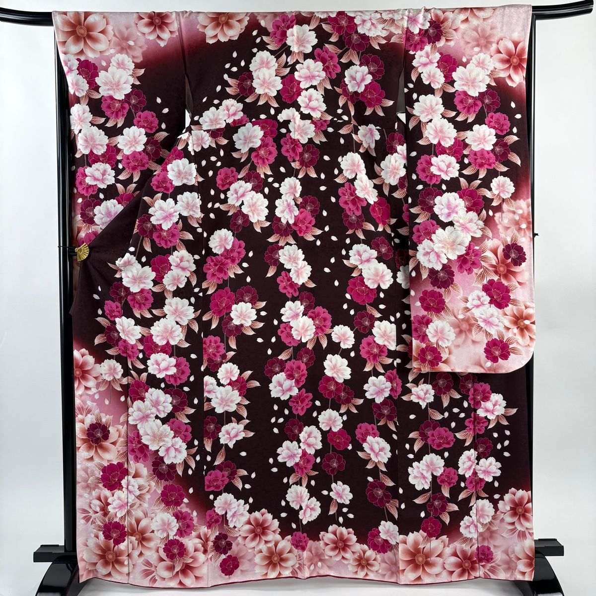 振袖 身丈167 cm 裄丈67 M 袷 枝垂れ桜 花びら 金彩 ぼかし 茶紫 正絹