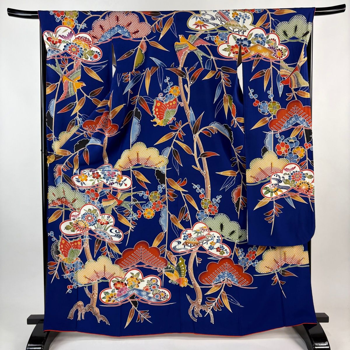 振袖 身丈166 cm 裄丈67 M 袷 燕 松梅 染め分け 縮緬 青紫 正絹 名品