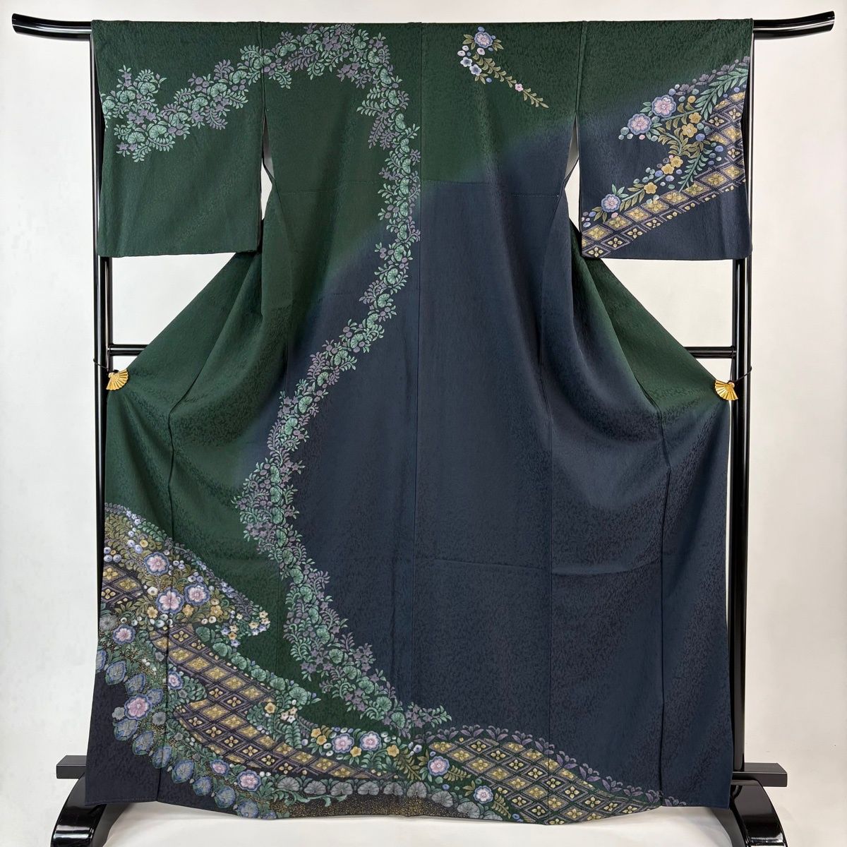 美品】 訪問着 身丈168cm 裄丈66cm M 袷 草花 花菱 金彩 染め分け 深緑