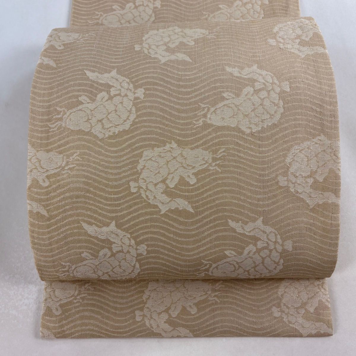 開き名古屋帯 勝山織物 落款 荒磯 波 箔 ベージュ 正絹