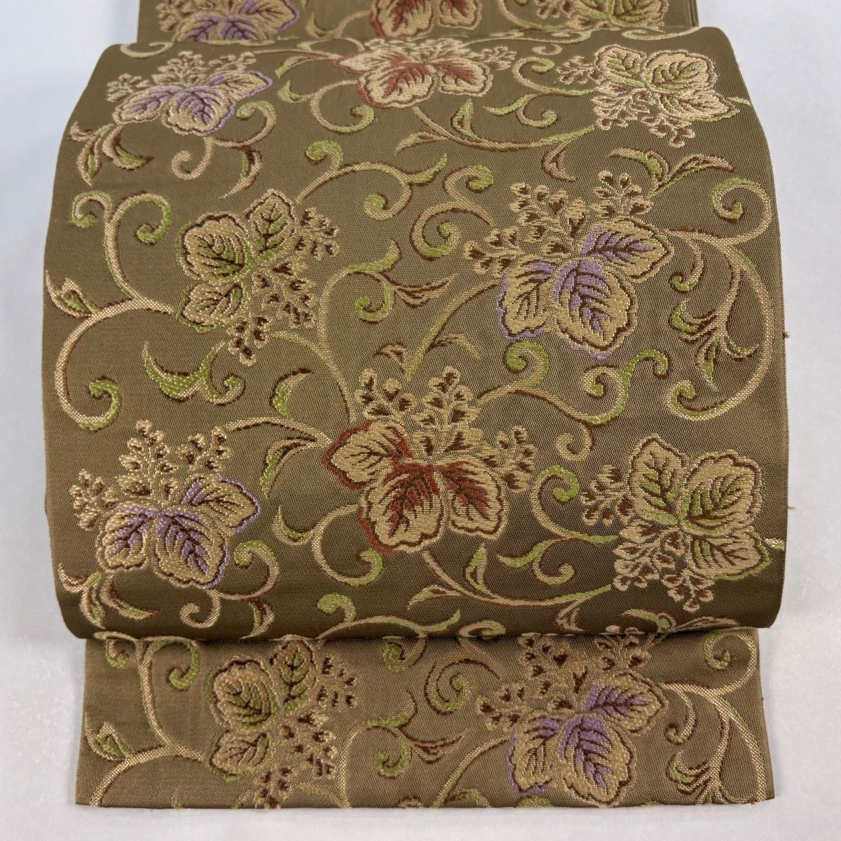 袋帯 逸品 龍村美術織物 落款 栄桐唐草文 抹茶色 六通 正絹 【中古