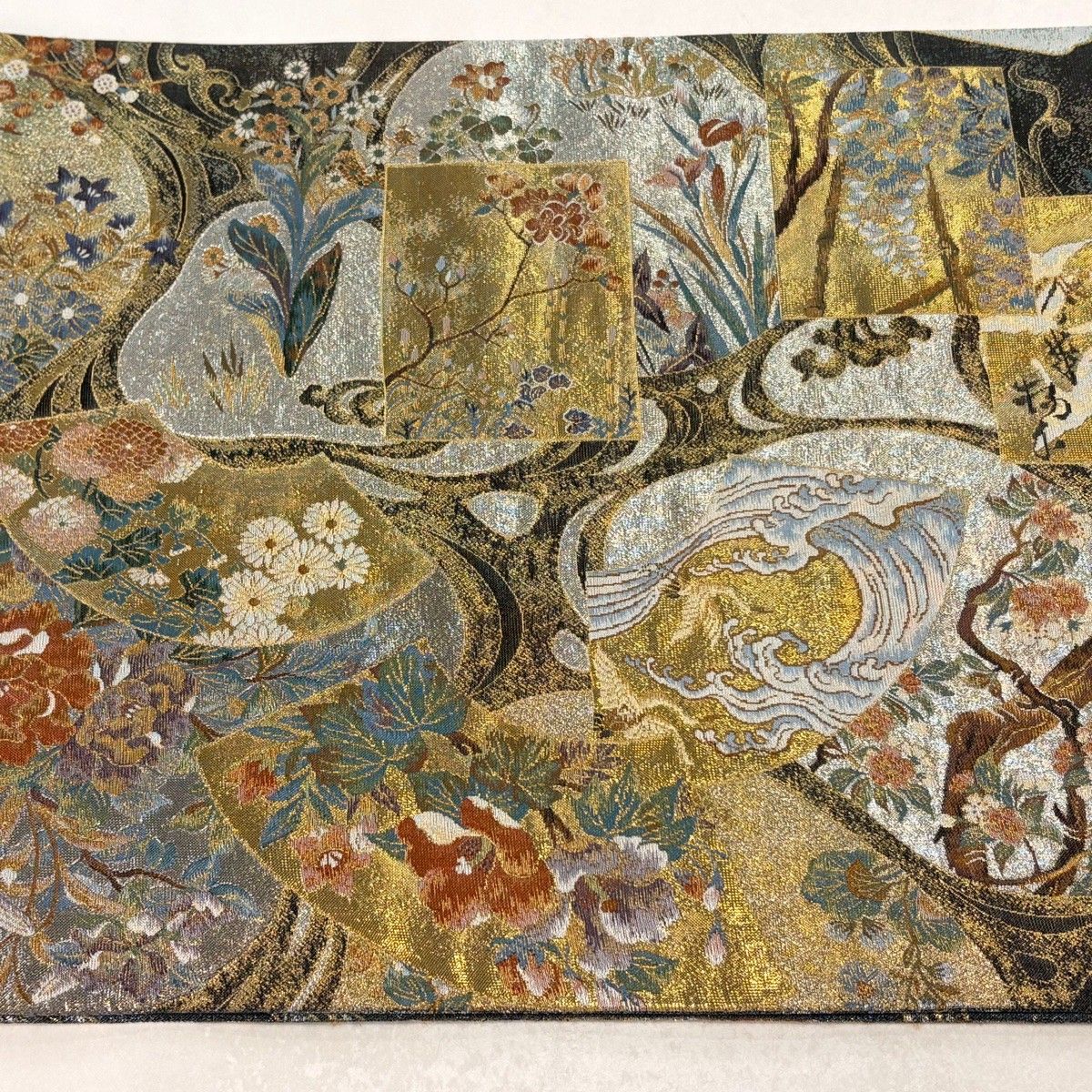  丸帯 琳派流水名勝図 花鳥 松竹梅 金銀糸 箔 金色 お太鼓柄 正絹 丸帯 帯