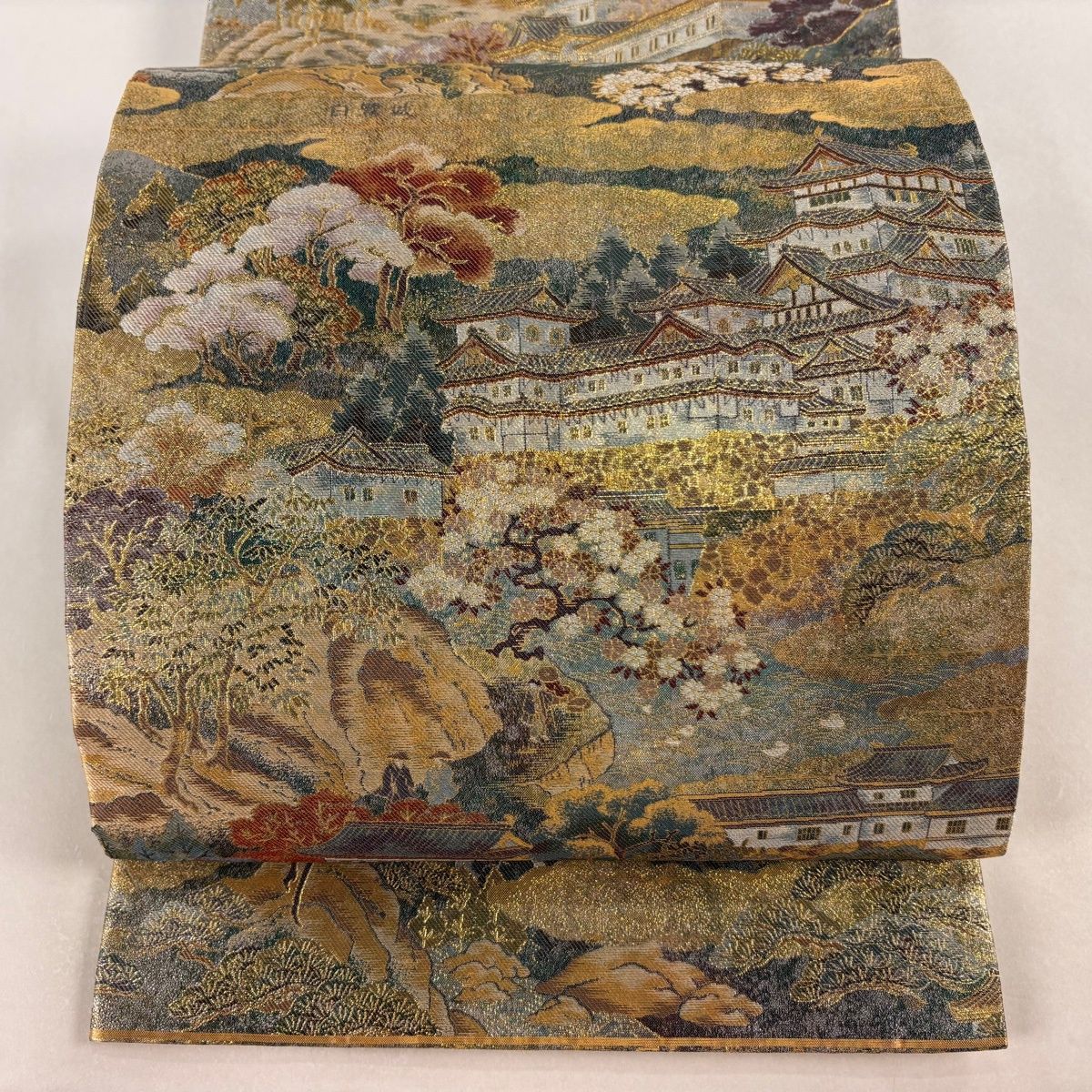 丸帯 風景 建物 金銀糸 箔 金色 お太鼓柄 正絹