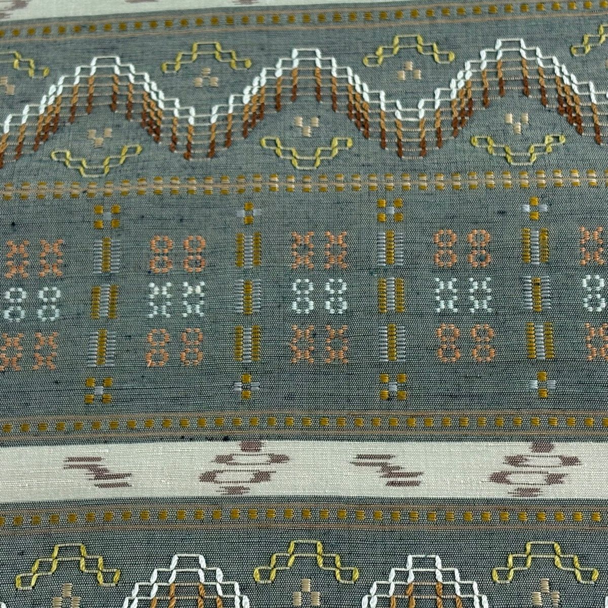 名古屋帯 紬地 幾何学模様 縞模様 灰緑 正絹