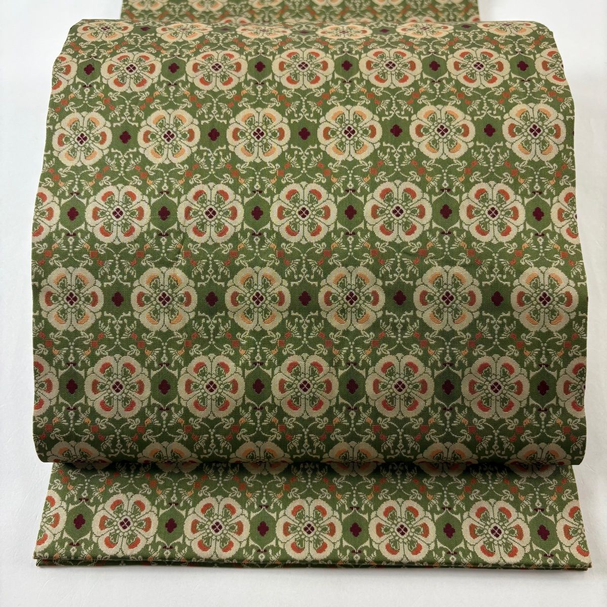 開き名古屋帯 龍村美術織物 花 鳥 鶯色 正絹