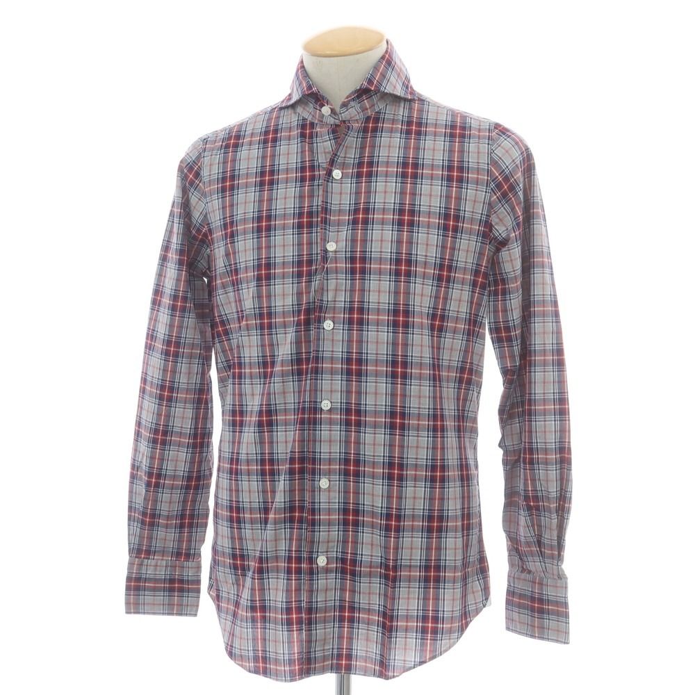 フィナモレ Finamore コットン チェック カッタウェイ カジュアルシャツ ライトグレーxネイビー レッド サイズ38 メンズ