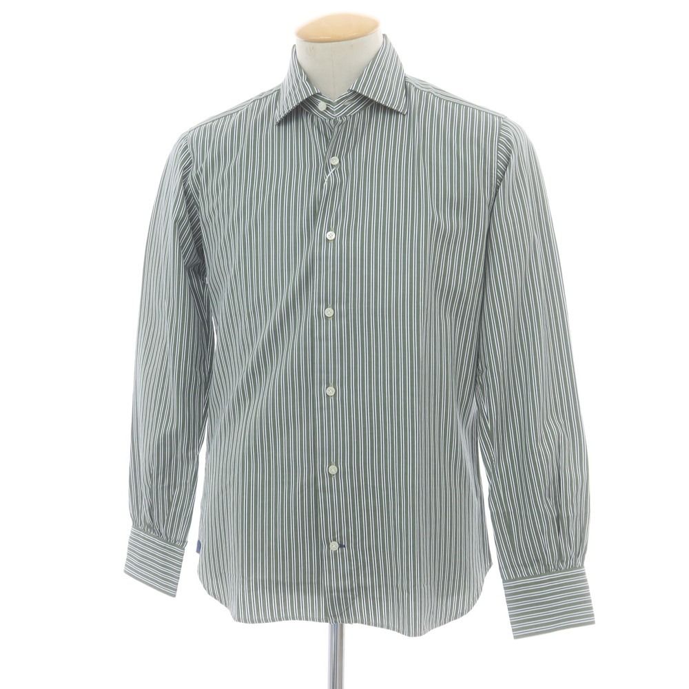 オリアン ORIAN コットン ストライプ ワイド カジュアルシャツ オリーブxホワイト サイズ38 メンズ