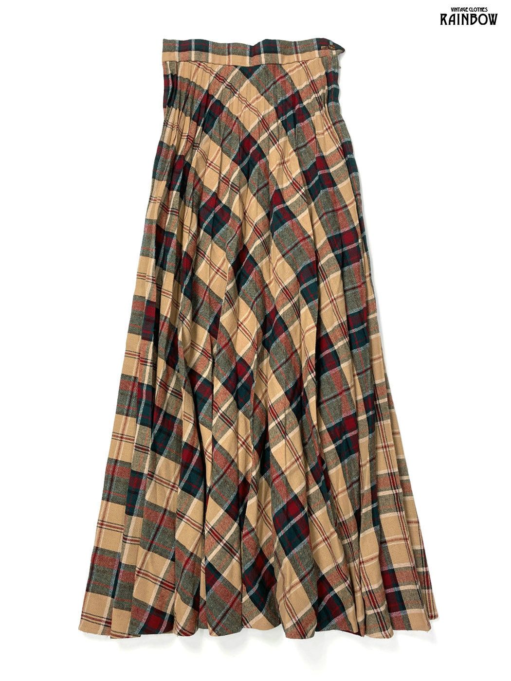 古着 Fritzi OF チェック柄 ウール ロング丈 プリーツ スカート ベージュ btu 2512020