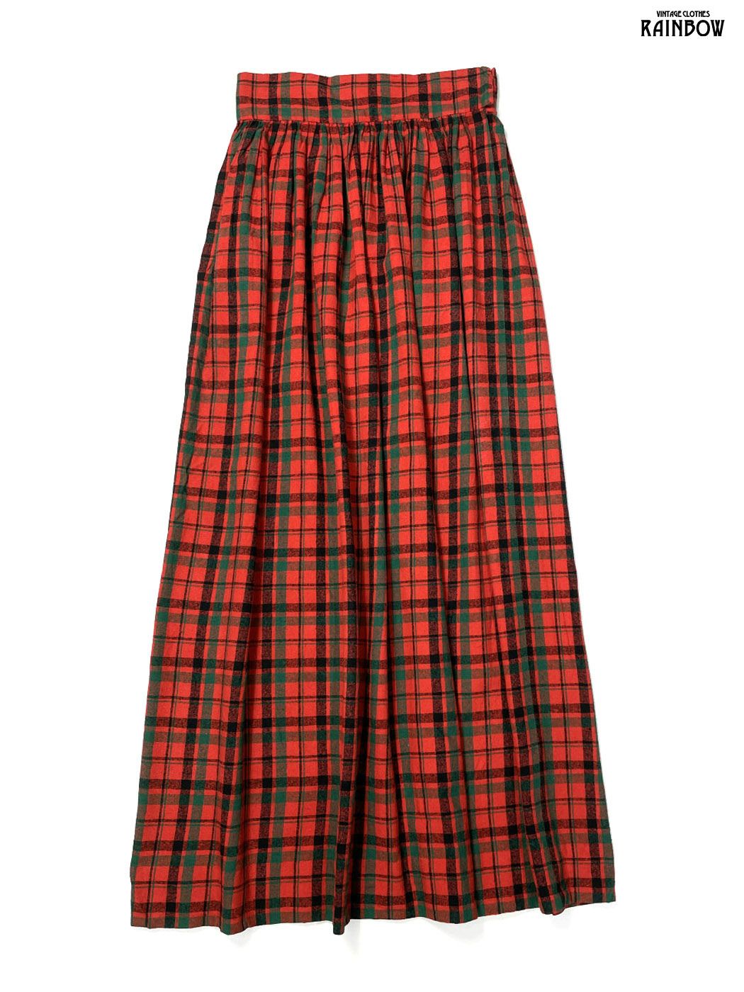 古着 チェック柄 シルク ロング丈 ギャザー スカート 赤 btu 2512025