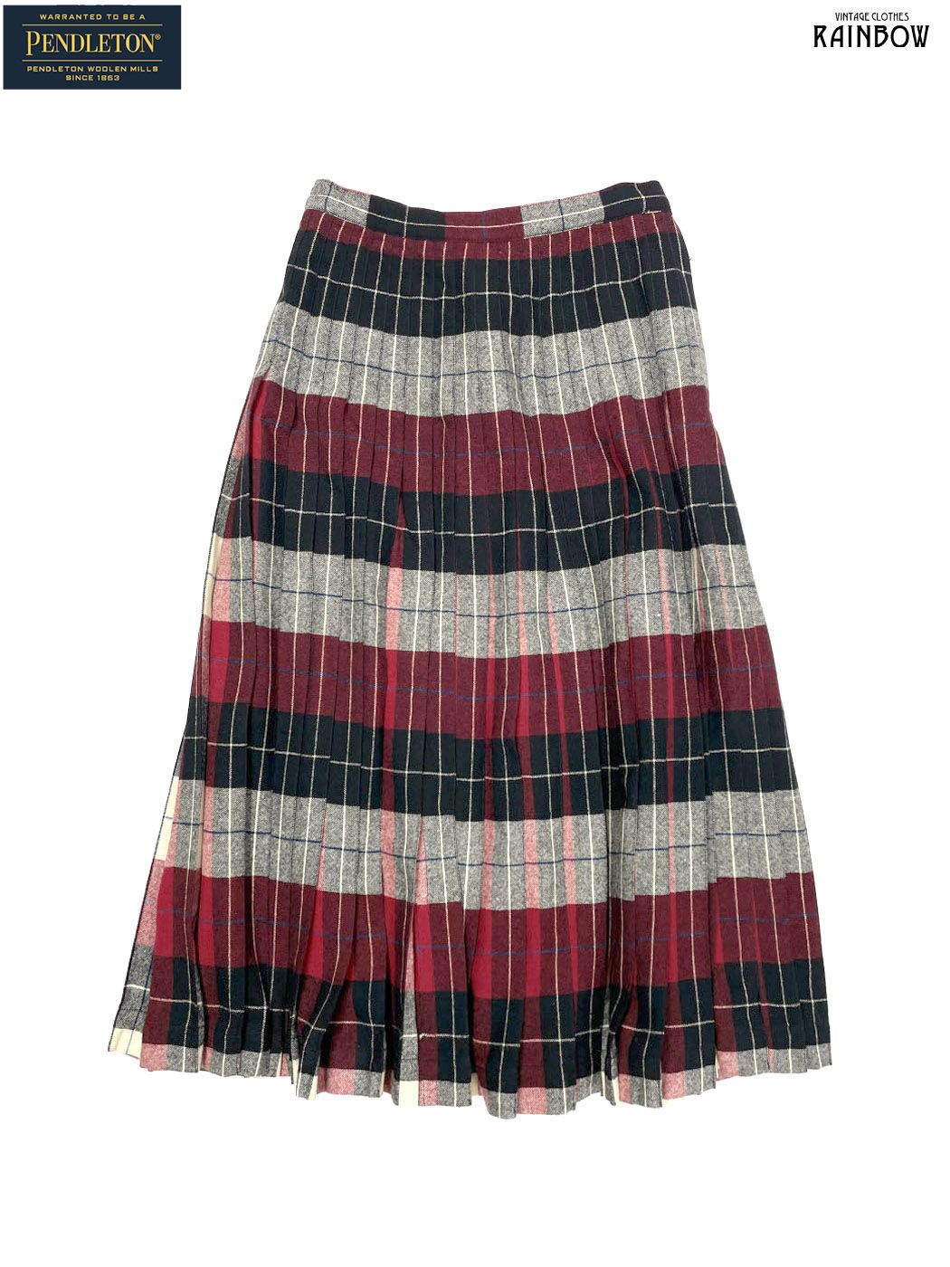 古着 ペンドルトン TALONジップ チェック柄 ウール100％ ロング丈 プリーツ スカート 赤 黒 btu 2512028