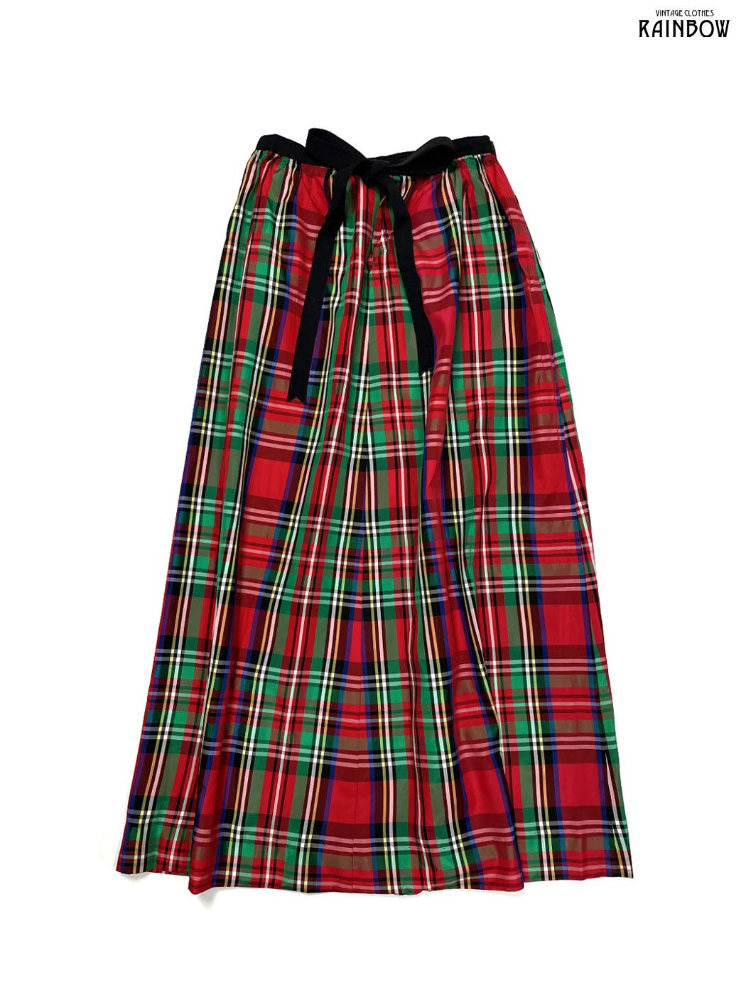 古着 リボン チェック柄 ロング丈 スカート 赤 緑 (btu2512030