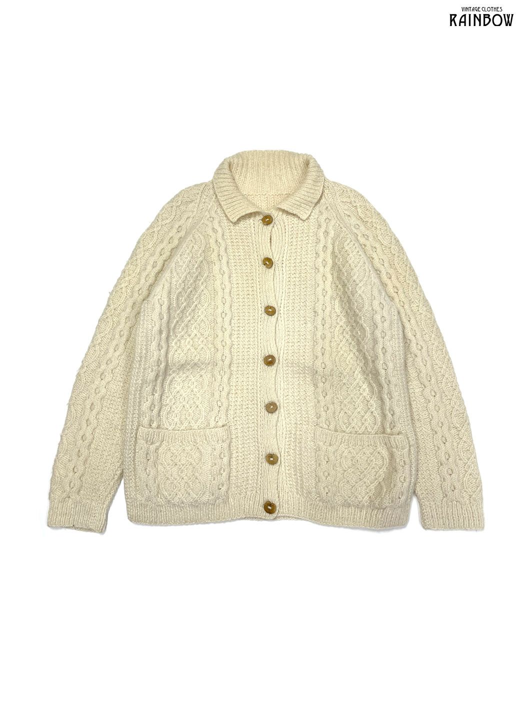 古着 前開き 無地 ウール 長袖 襟付き アラン ニット カーディガン ベージュ ttu 2512028