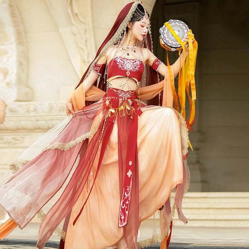 漢服 女 敦煌風 西域風 衣装５点セット 可愛い 古風 衣装 チャイナ風 中華風 コスプレ 撮影用 舞台衣装 エスニック風 ダンス 演出用 フェミニン ベリーダンス アラビアン