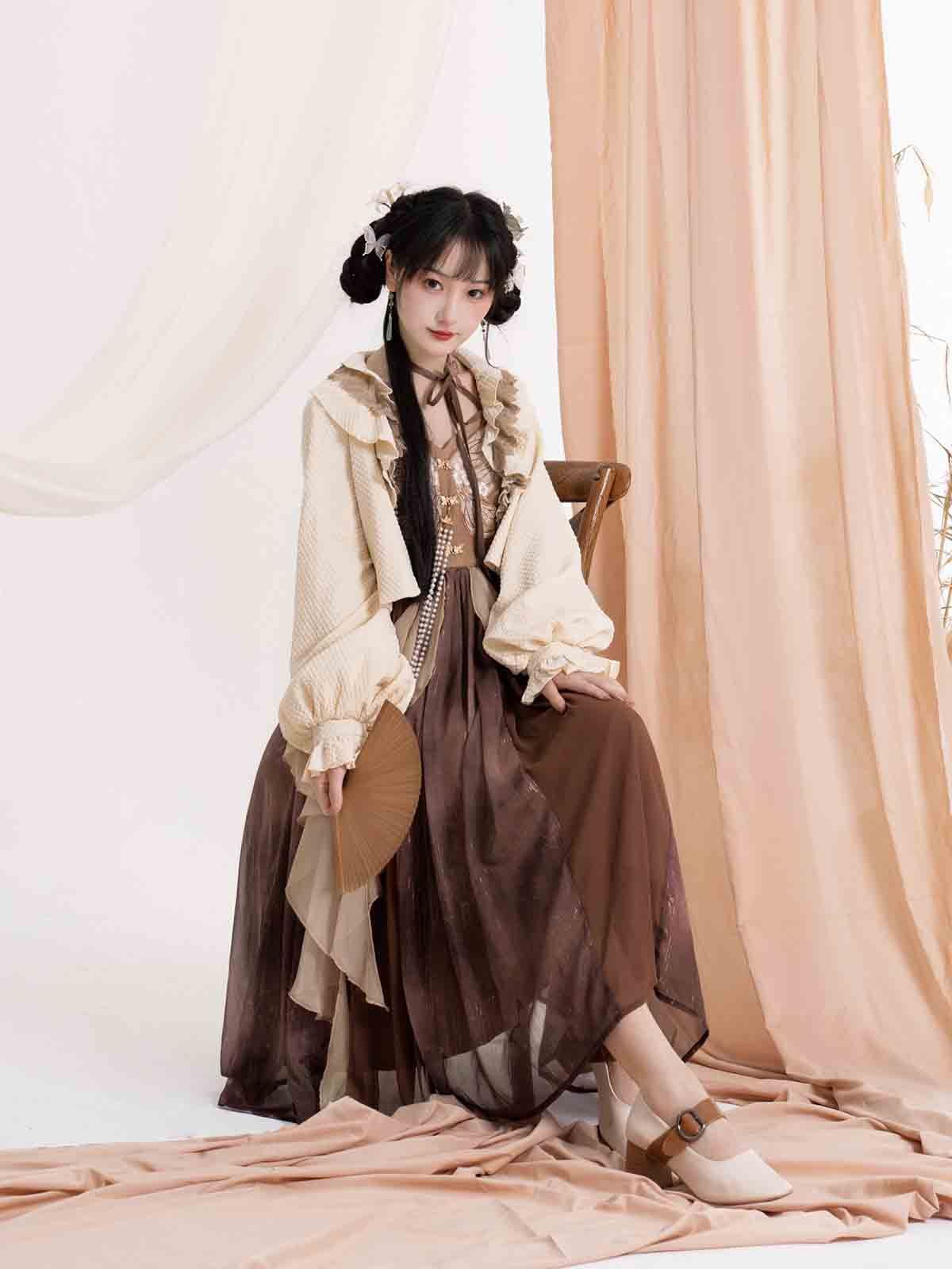 迷蝶 中国風 改良漢元素 レディース 上衣 キャミソールワンピース 2点セット 漢服風 セットアップ 重ね着 デザイン 個性派 エレガント 中華風 ガーリー 日常コーデ お出かけ 撮影 イベント 春夏秋