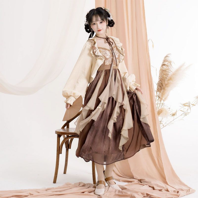 迷蝶 中国風 改良漢元素 レディース 上衣 キャミソールワンピース 2点セット 漢服風 セットアップ 重ね着 デザイン 個性派 エレガント 中華風 ガーリー 日常コーデ お出かけ 撮影 イベント 春夏秋