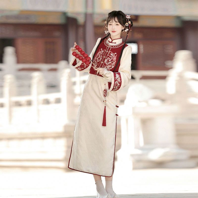 金蛇納福 新中式 中国風 レディース 国風デザイン 日常使い ベスト チャイナワンピース セットアップ 旗袍風 漢元素 秋冬コーデ レイヤード 上品 エレガント 大人 お出かけ 普段着 撮影 イベント