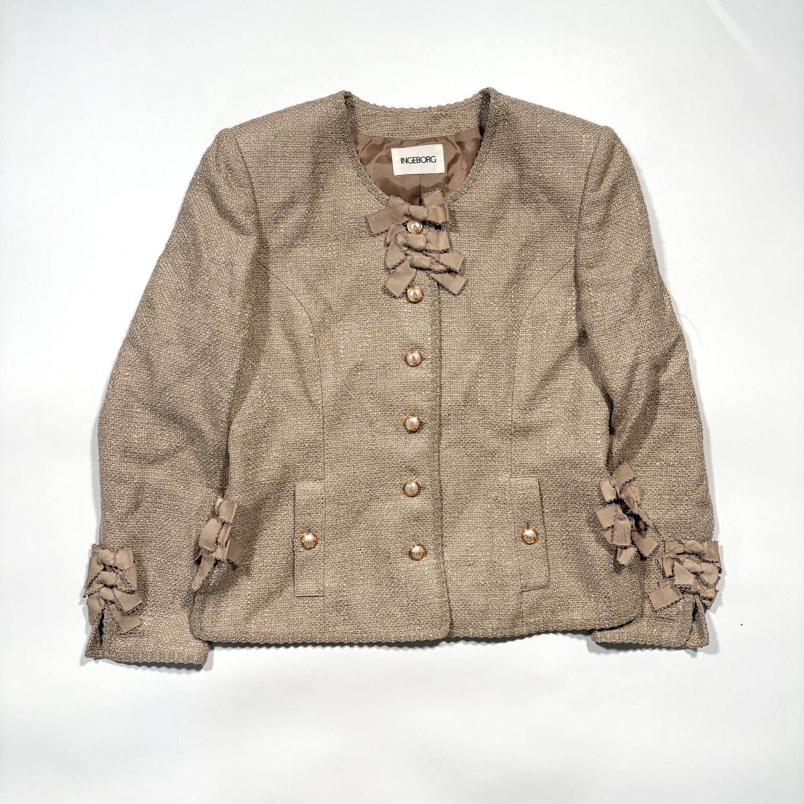 INGEBORG インゲボルグ リネン マルチリボン ジャケット パールボタン ロゴ 金 ゴールド