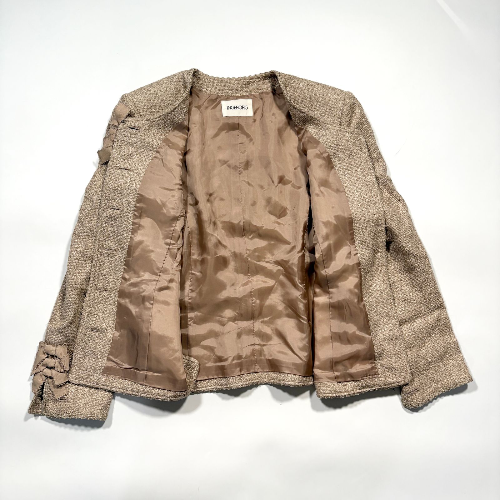 INGEBORG インゲボルグ リネン マルチリボン ジャケット パールボタン ロゴ 金 ゴールド