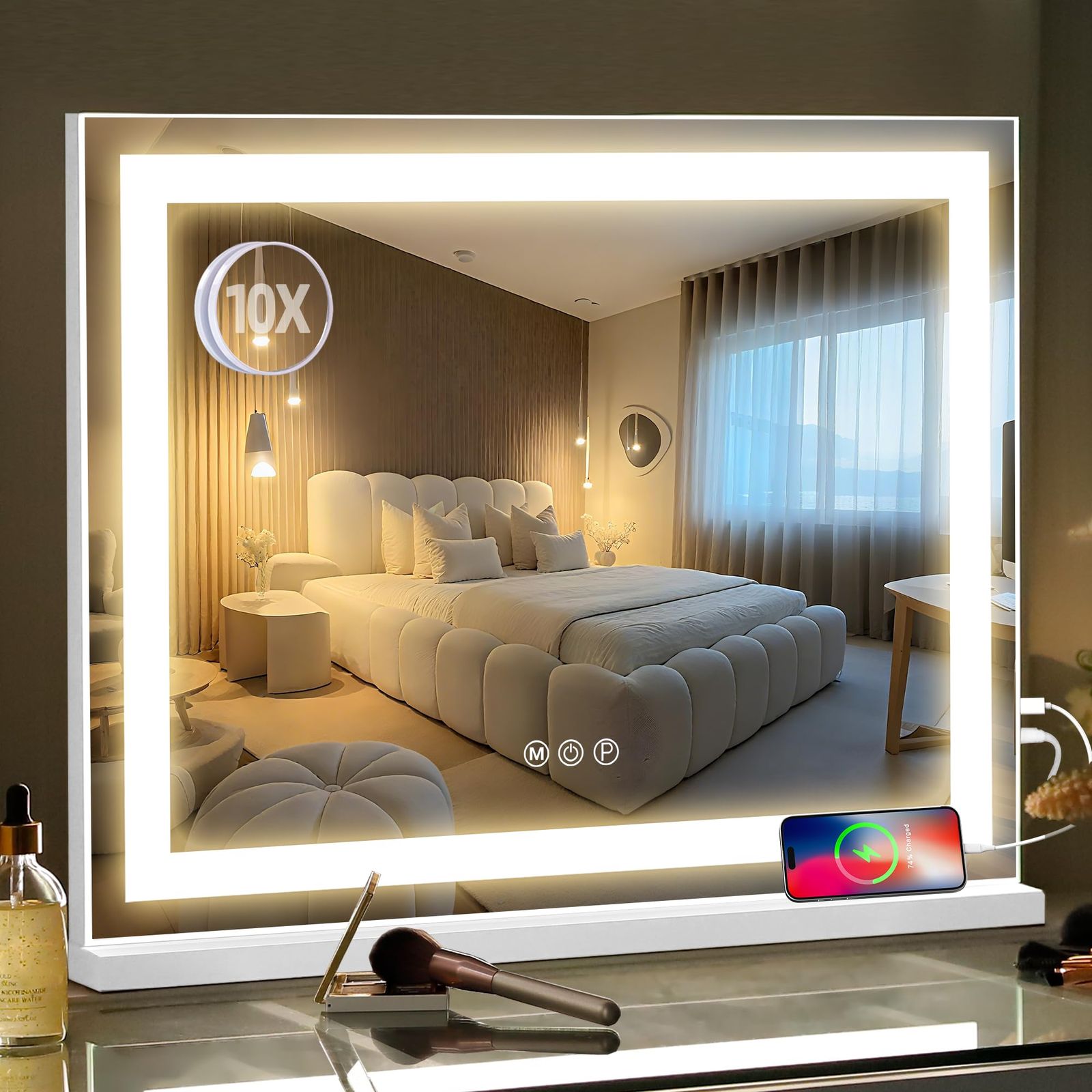 Hansong 女優ミラー ハリウッドミラー 化粧鏡 壁掛け|卓上両用 照明モード 明るさ調節 ドレッサー 鏡 LEDライトストラップ 58 x 46 cm ホワイト