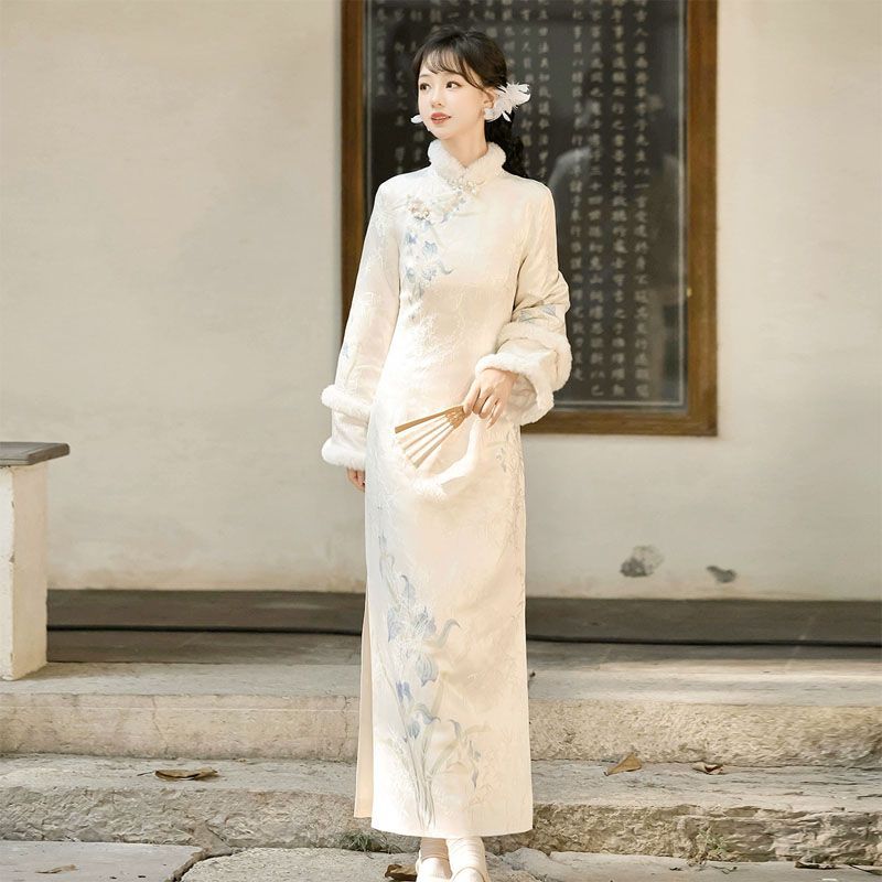 乳白色 新中式 中国風 レディース 国風デザイン 日常使い 秋冬 旗袍風 ワンピース 漢元素 上品 シンプル エレガント 大人 きれいめ レイヤード お出かけ 普段着 通勤 撮影 イベント