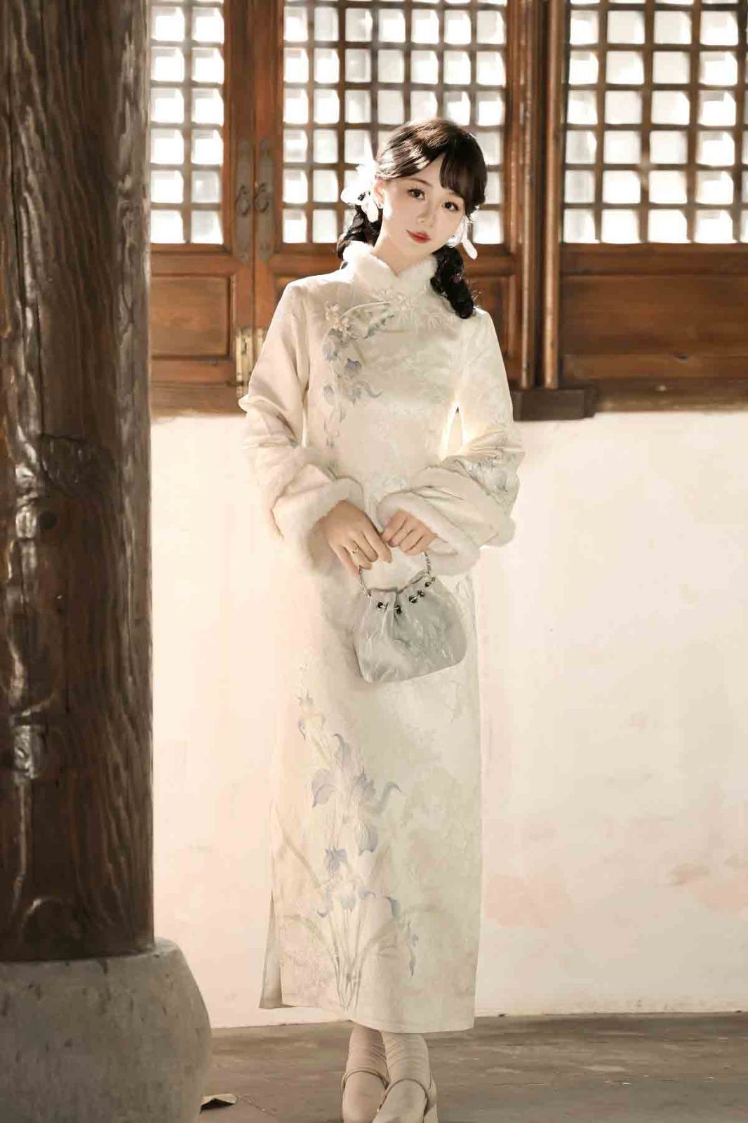 乳白色 新中式 中国風 レディース 国風デザイン 日常使い 秋冬 旗袍風 ワンピース 漢元素 上品 シンプル エレガント 大人 きれいめ レイヤード お出かけ 普段着 通勤 撮影 イベント