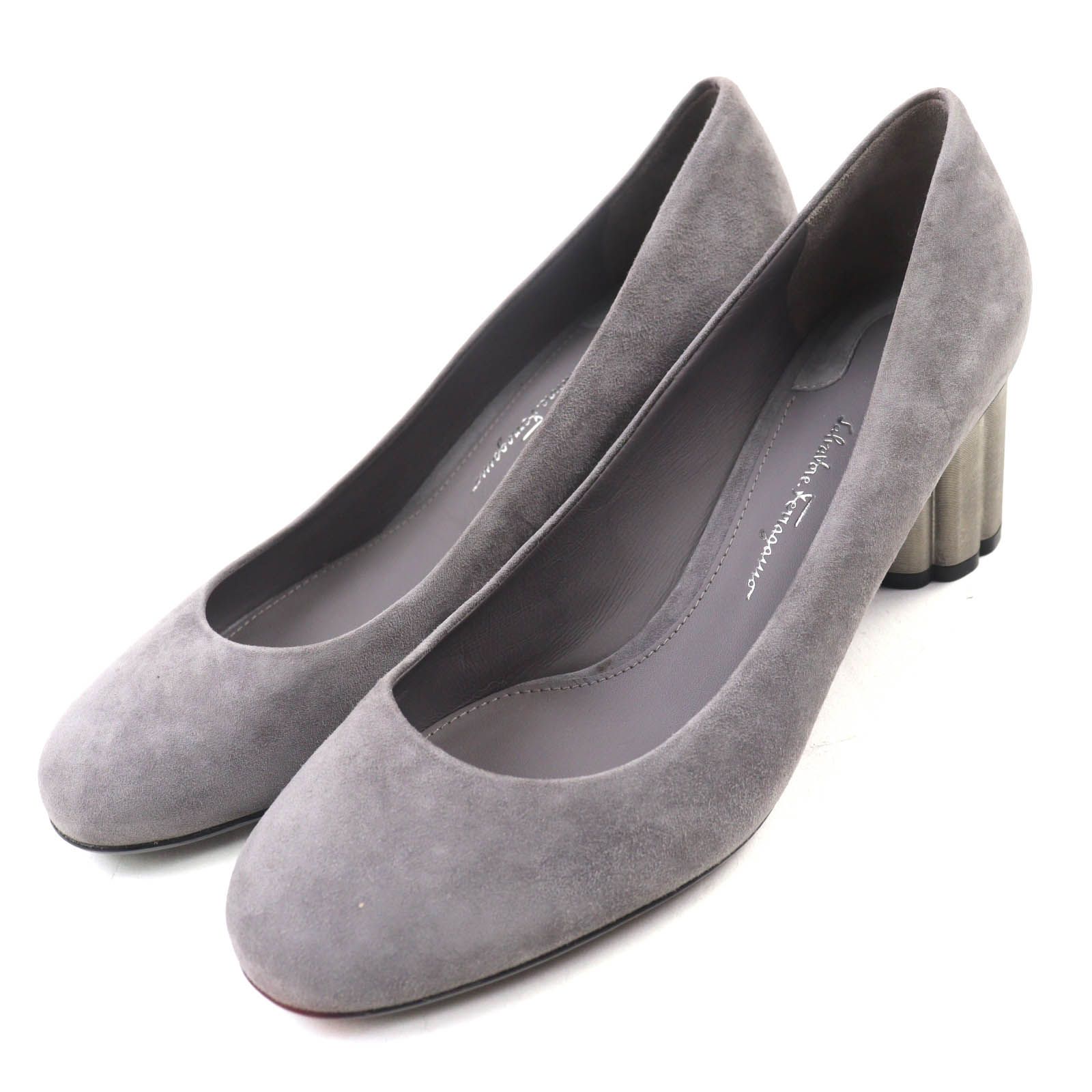 極美品◇Salvatore Ferragamo サルヴァトーレフェラガモ 07366 ラウンドトゥ フラワーヒール スウェードレザー パンプス グレー 7 伊製 極美品◇Salvatore Ferragamo サルヴァトーレフェラガモ 07366