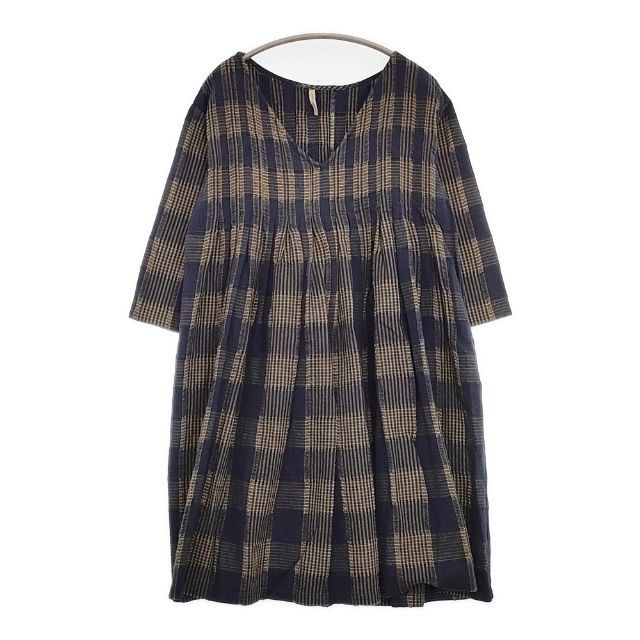 veritecoeur コットンリネンギャザーチェックチュニック 定価14300円 VC-1015 ワンピース ネイビー レディース ヴェリテクール【中古】5-1201M∞ veritecoeur コットンリネンギャザーチェックチュニック 定価14300円