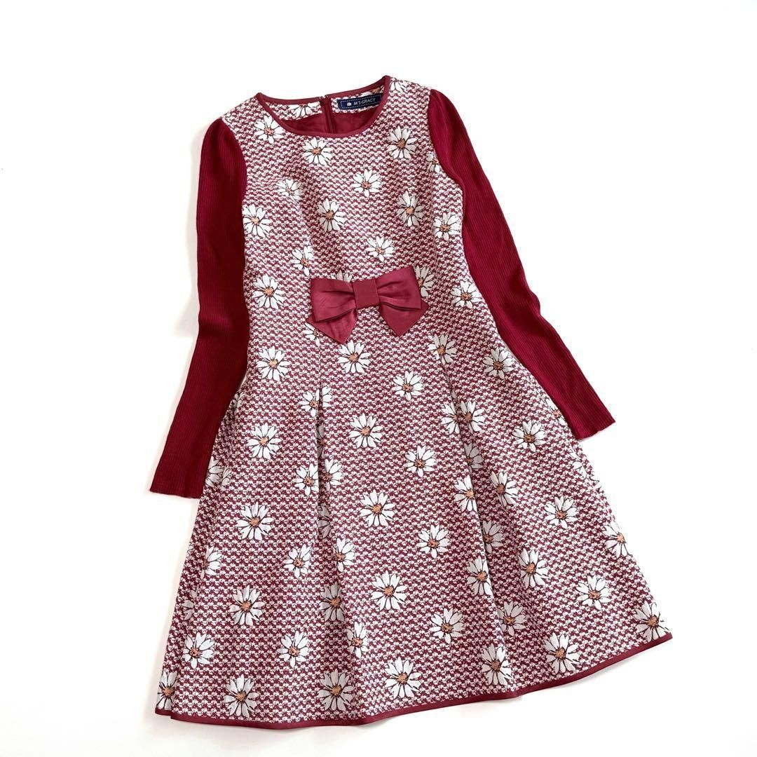 エムズグレイシー マーガレット ジャガード リブ ニット ワンピース 花柄 フラワー フ リボン