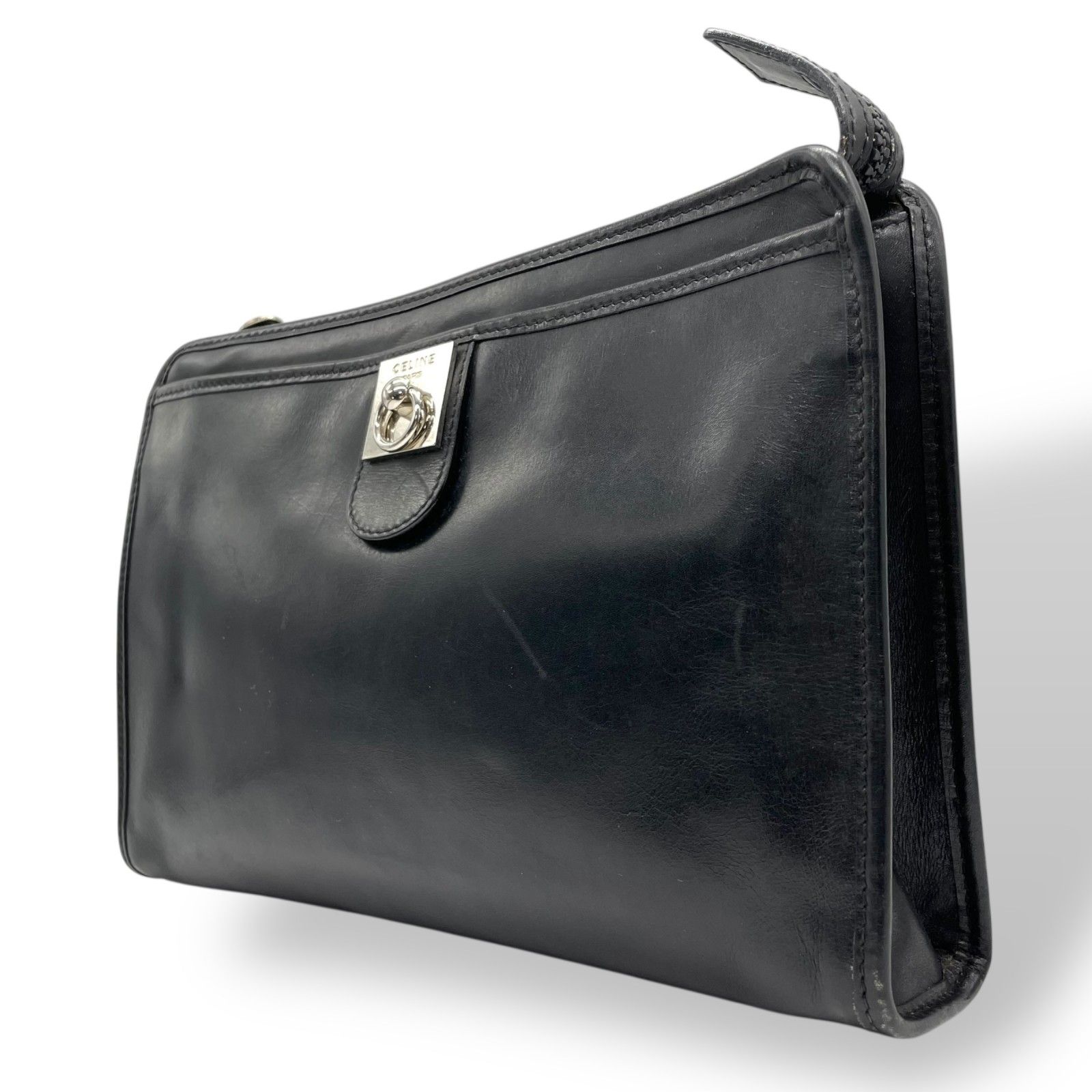 CELINE　セリーヌ　ヴィンテージ　クラッチバッグ　シルバー金具　レザー　黒 CELINE ヴィンテージ レザークラッチバッグ シルバーサークル金具
