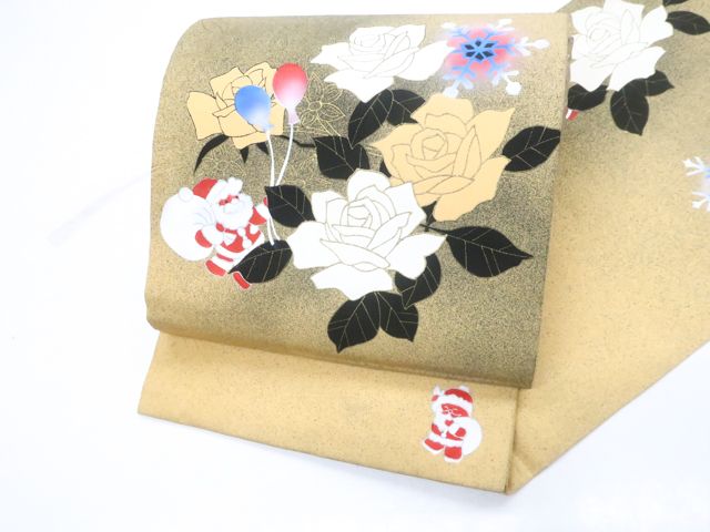 京松 九寸名古屋帯 オリジナル お太鼓柄 サンタクロース 雪の結晶 開き仕立て 正絹 r 7 b 12 219