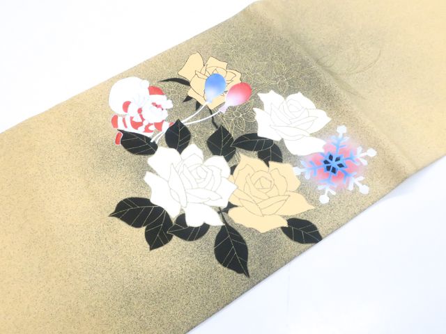 京松 九寸名古屋帯 オリジナル お太鼓柄 サンタクロース 雪の結晶 開き仕立て 正絹 r 7 b 12-219