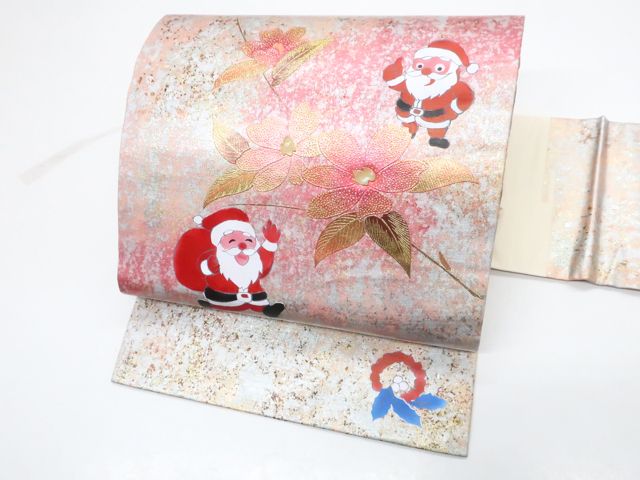 京松 九寸名古屋帯 オリジナル お太鼓柄 金彩 サンタクロース 螺鈿 正絹 r 7 b 12 227