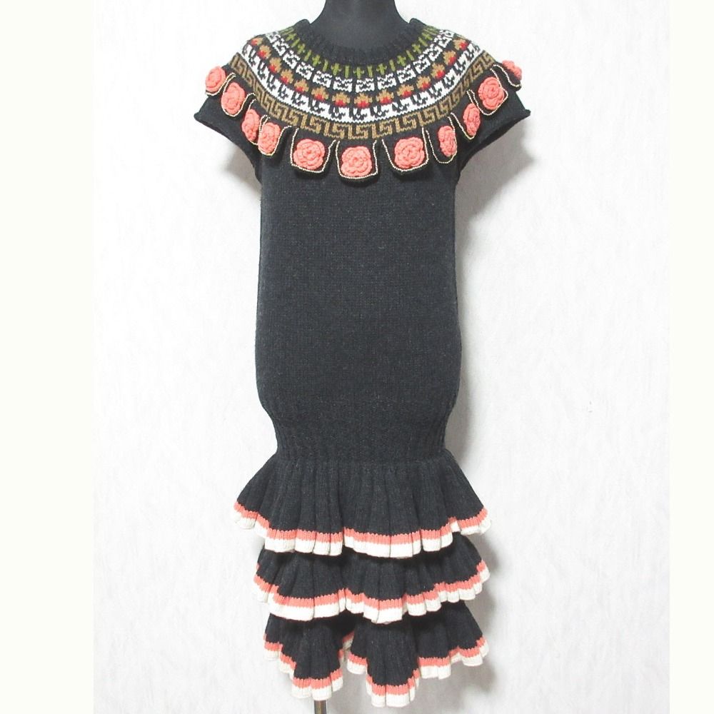 MANOUSH マヌーシュ ウール フラワーモチーフ ショートスリーブ ひざ丈 ティアード ニットワンピース S ブラック レディース 古着
