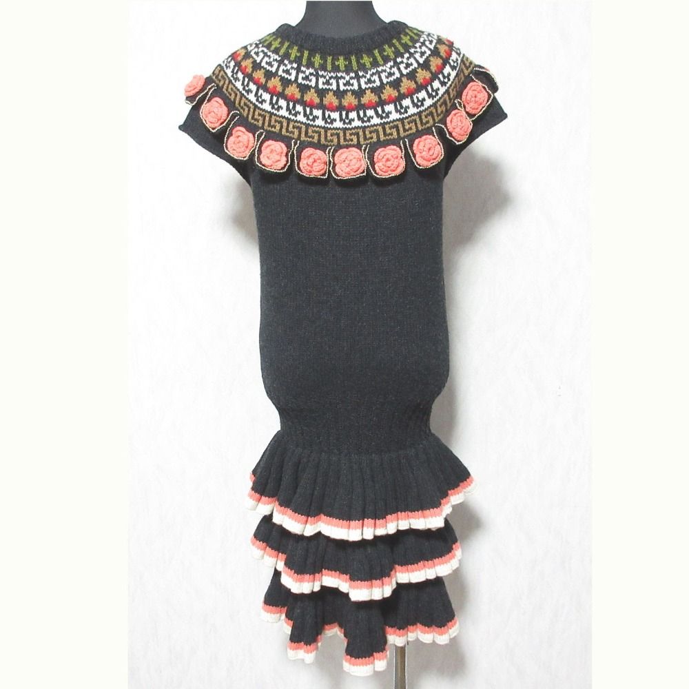 MANOUSH マヌーシュ ウール フラワーモチーフ ショートスリーブ ひざ丈 ティアード ニットワンピース S ブラック レディース 古着