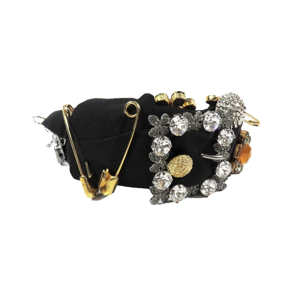 DOLCE-GABBANA ドルチェアンドガッバーナ カチューシャ ティアラ フラワー ヘア クリスタル ビジュー 黒 レディース 古着