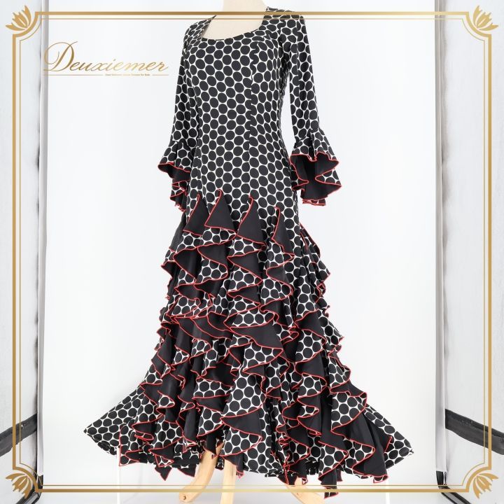 フラメンコ 衣装 ワンピース ドレス 黒 白 水玉 ドット MOLINA