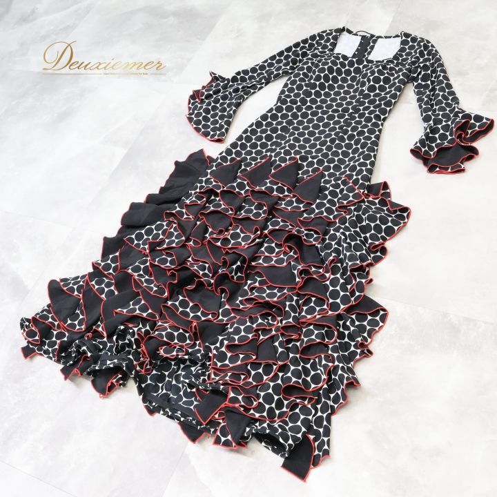 フラメンコ 衣装 ワンピース ドレス 黒 白 水玉 ドット MOLINA