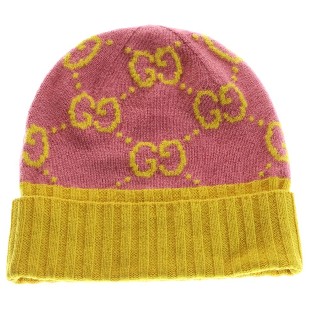 GUCCI グッチ GGロゴ総柄 ウール ニットキャップ ビーニー ピンク イエロー 676110 3 G 206