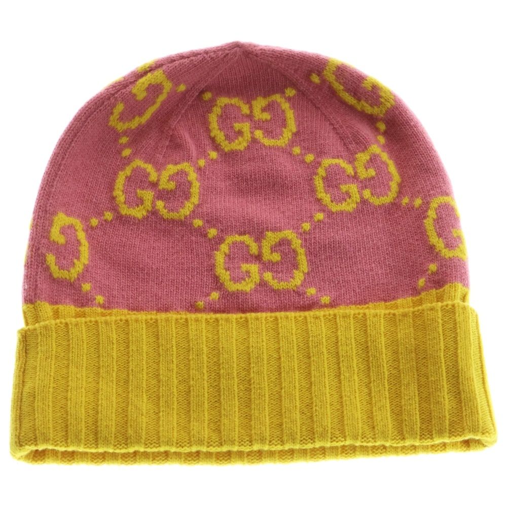 GUCCI ニットビーニー GUCCI (グッチ) GGロゴ総柄 ウール ニットキャップ ビーニー ピンク