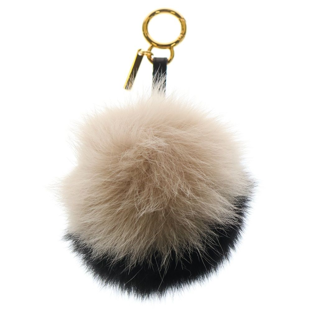 FENDI フェンディ ファー ポンポン バッグチャーム キーホルダー キーリング ブラック×ベージュ ゴールド金具