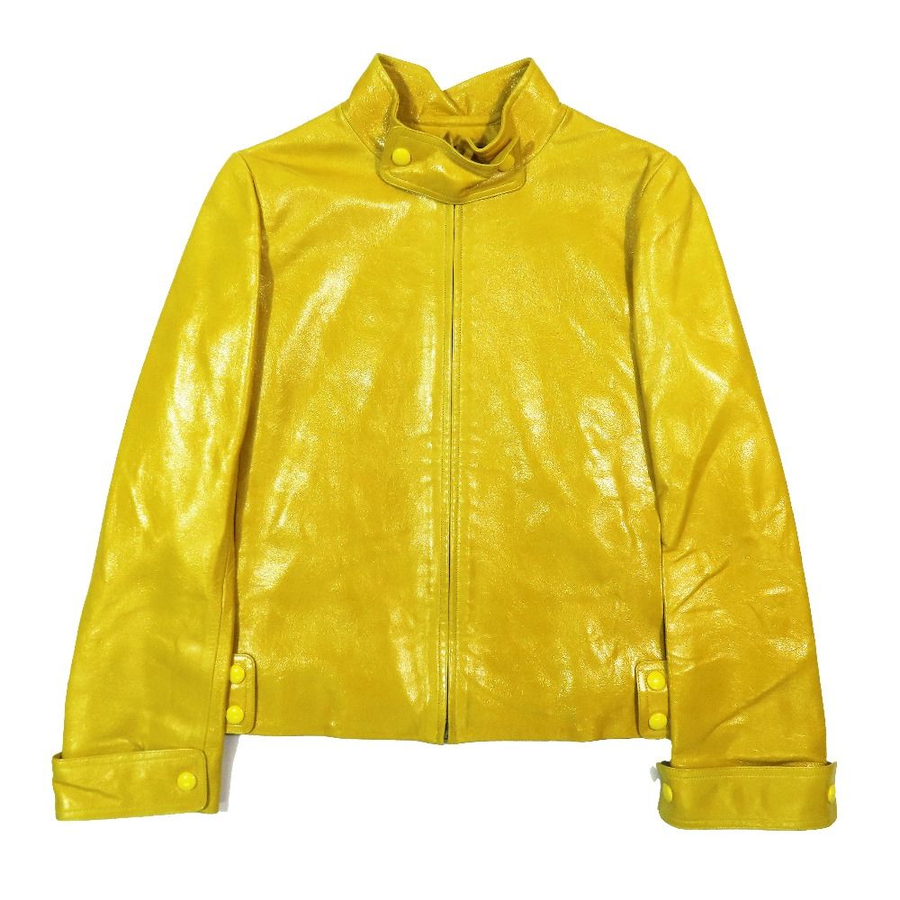 LOUIS VUITTON ルイ ヴィトン ラムスキン ジップ レザージャケット ライダースジャケット シングル ブルゾン LVロゴ裏地 34 黄 レディース 古着
