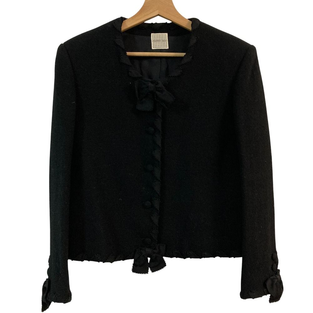  KANEKO ISAO カネコイサオ リボン ウール ジャケット ワンピース アンサンブル セットアップ ブラック レディース 古着 ワンピーススーツ セレモニースーツ