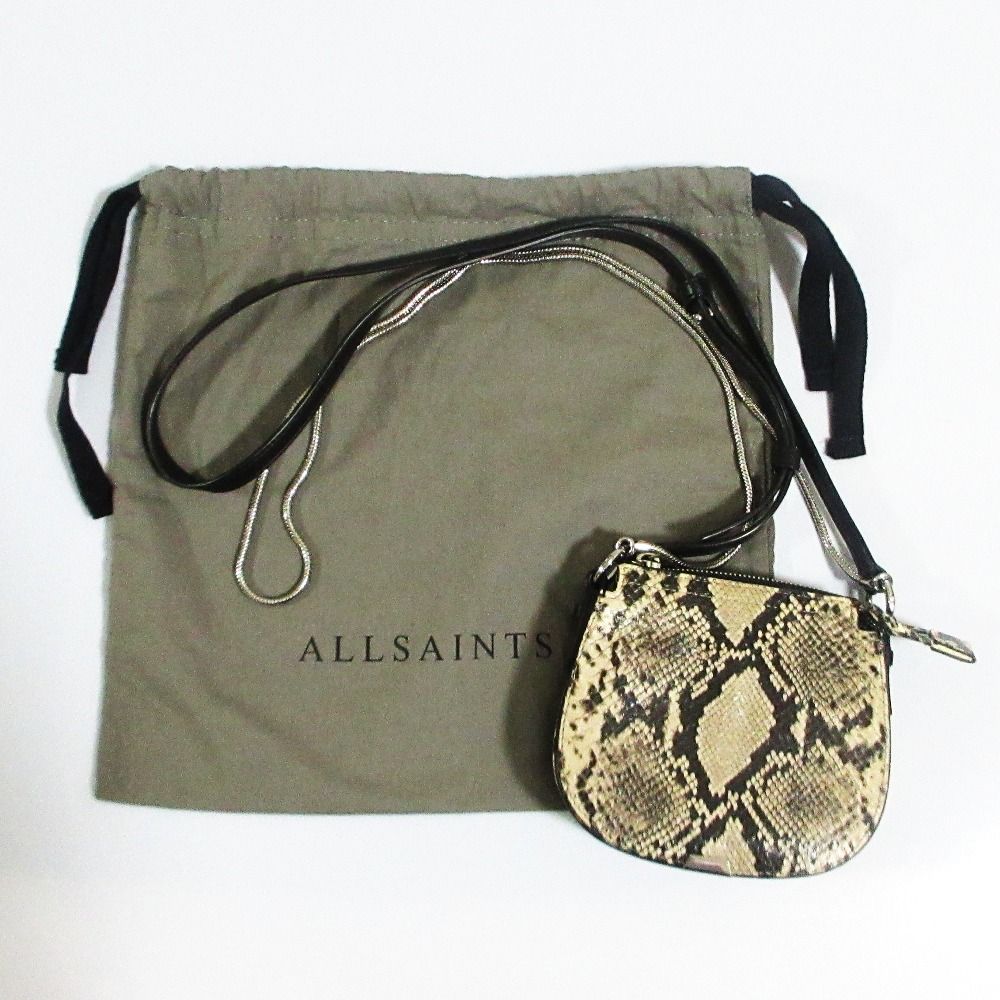 美品 ALLSAINTS オールセインツ SLIVER MINI RND XBODY パイソン型押し ショルダーバッグ ベージュ ブラック レディース 古着 中古 USED All Saints - 美品 ALLSAINTS オールセインツ SLIVER MINI RND XBODY