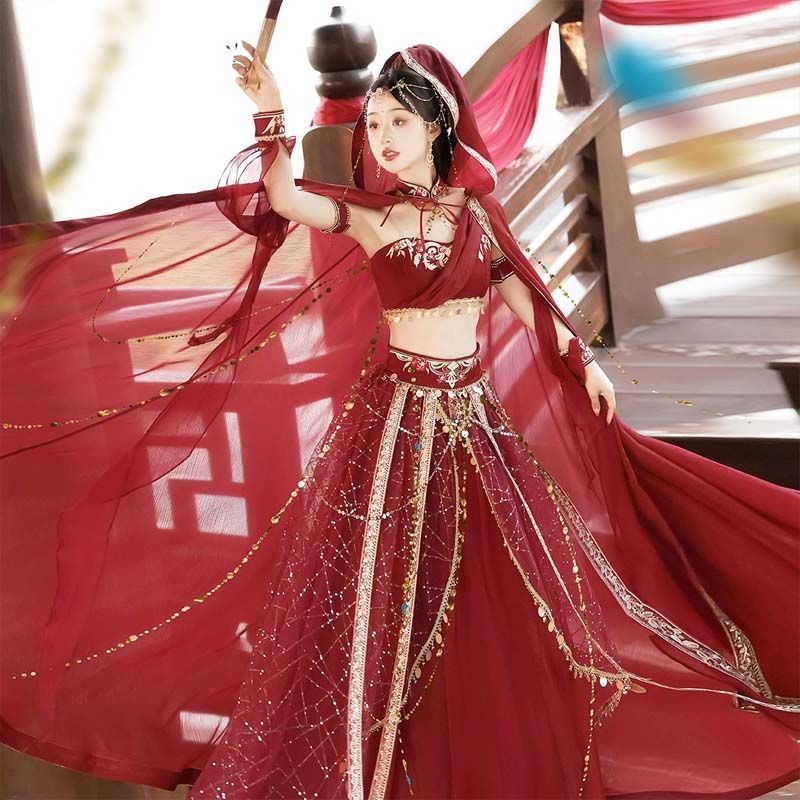 漢服 女 敦煌風 西域風 衣装４点セット 古風 衣装 チャイナ風 中華風 コスプレ 撮影用 舞台衣装 エスニック風 ダンス 演出用 フェミニン ベリーダンス アラビアン ワインレッド