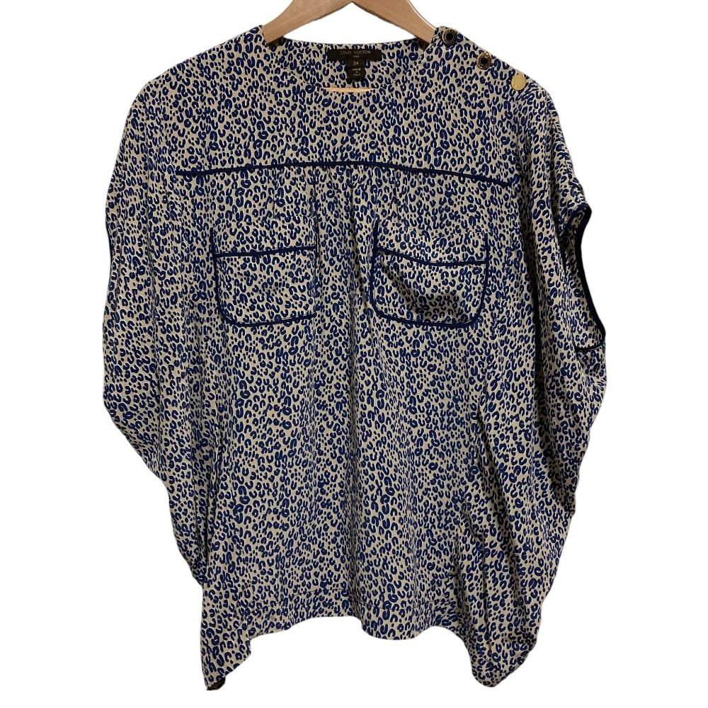 LOUIS VUITTON ルイヴィトン レオパード柄 シルク ブラウス サイズ34 ブルー レディース 古着