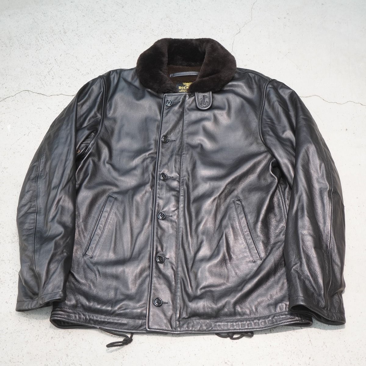 HOUSTON ヒューストン 8177 LEATHER N-1 DECK JACKET レザー デッキ ジャケット ムートン ボア コート 黒44 R 正規 1208 P♪