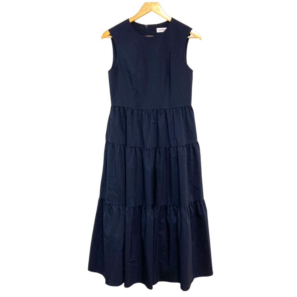 25 SS Aveniretoile アベニールエトワール バックボタンデザイン ギャザー切替ワンピース サイズ34 ネイビー レディース 古着