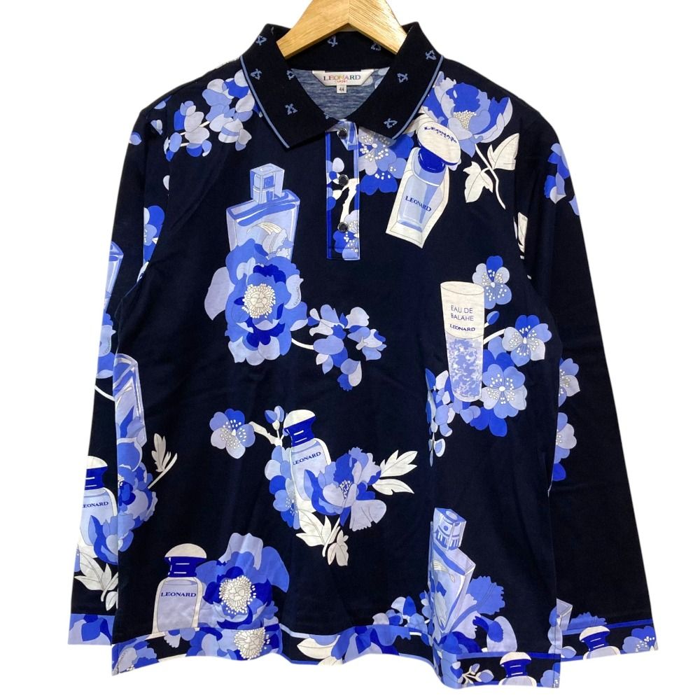 LEONARD SPORT レオナール スポーツ 香水 フラワープリント ロングスリーブ ポロシャツ サイズ44 ネイビー レディース 古着